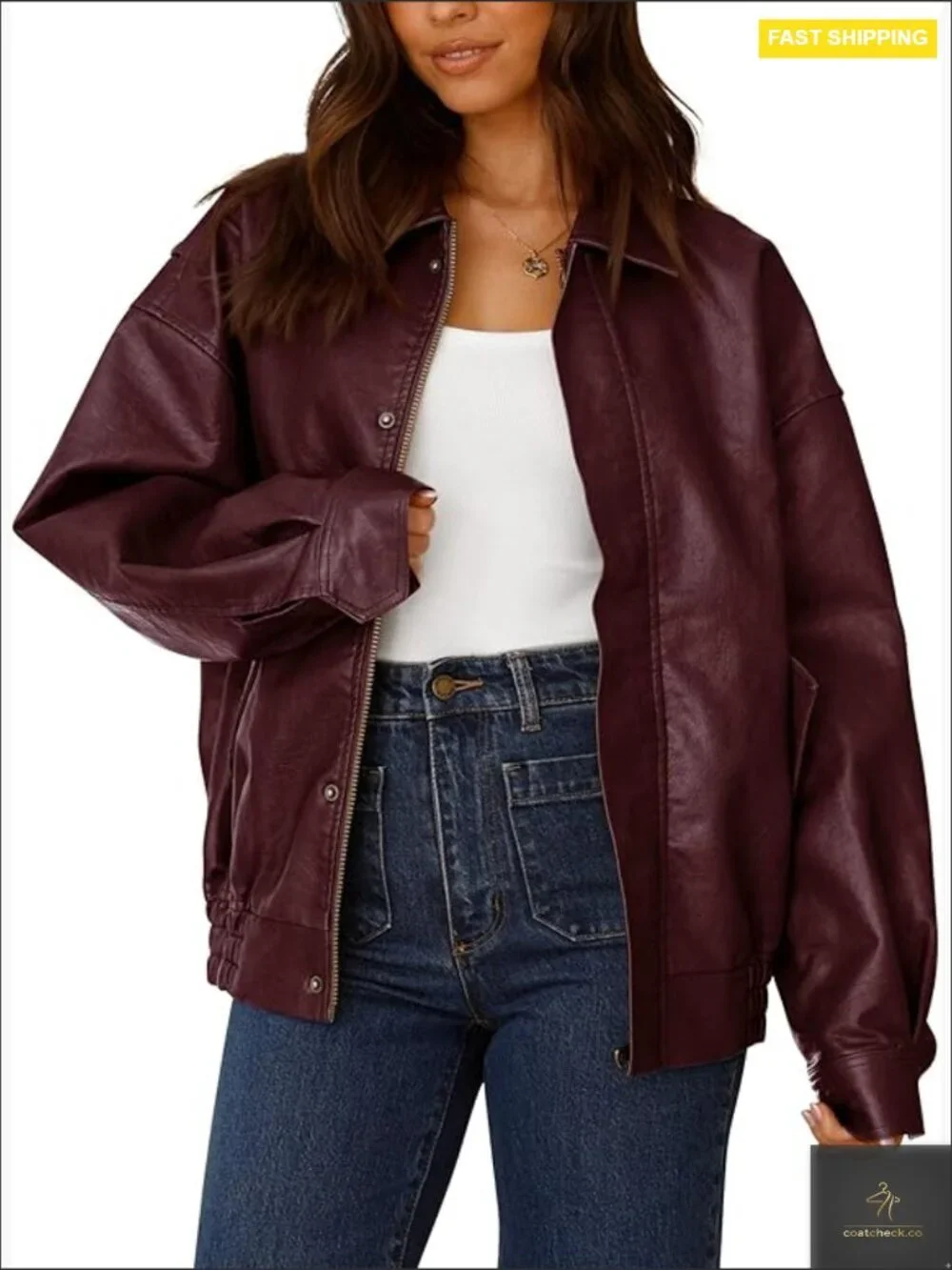 Faux Leather Motorcycle Jacket Oversized Zip Up Biker Coat Chic Edgy